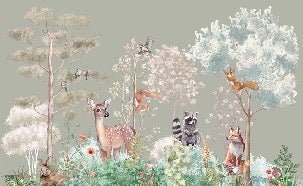 Papel pintado Dormitorio infantil naturaleza mágica salvia