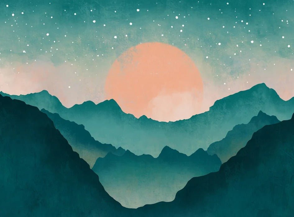 Papier peint salle de bain montagne brume turquoise, XXL, tendance