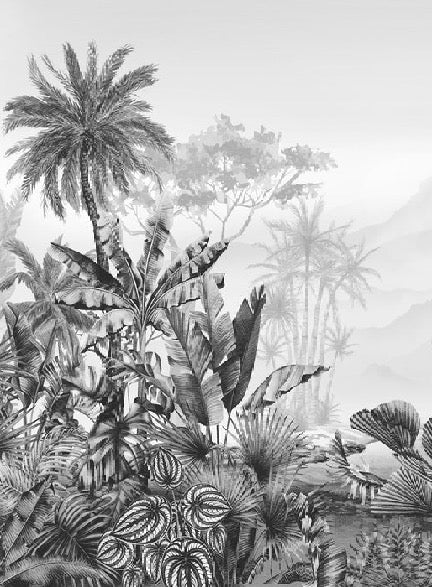 Papel pintado tropical en blanco y negro para cuartos de baño