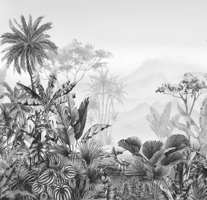Papel pintado tropical en blanco y negro para cuartos de baño