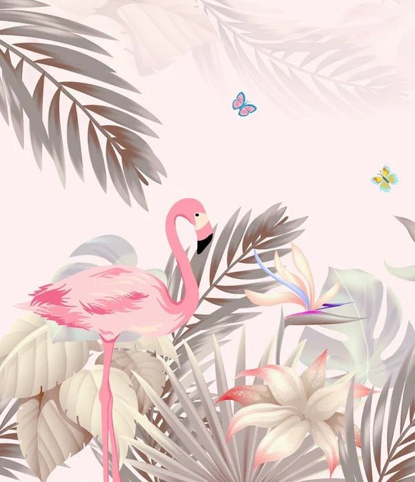 Papel pintado de Palmera y flamenco rosa