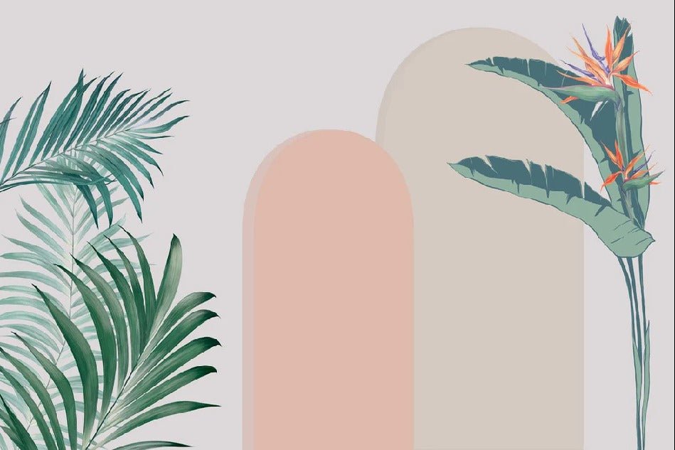 Papel pintado para dormitorio con arcos y plantas