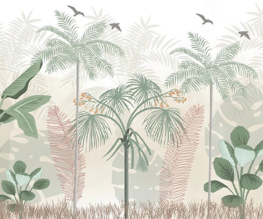 Papel pintado selva panorámica en tonos pastel