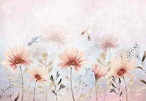 Papel pintado Flores bucólicas y colibríes