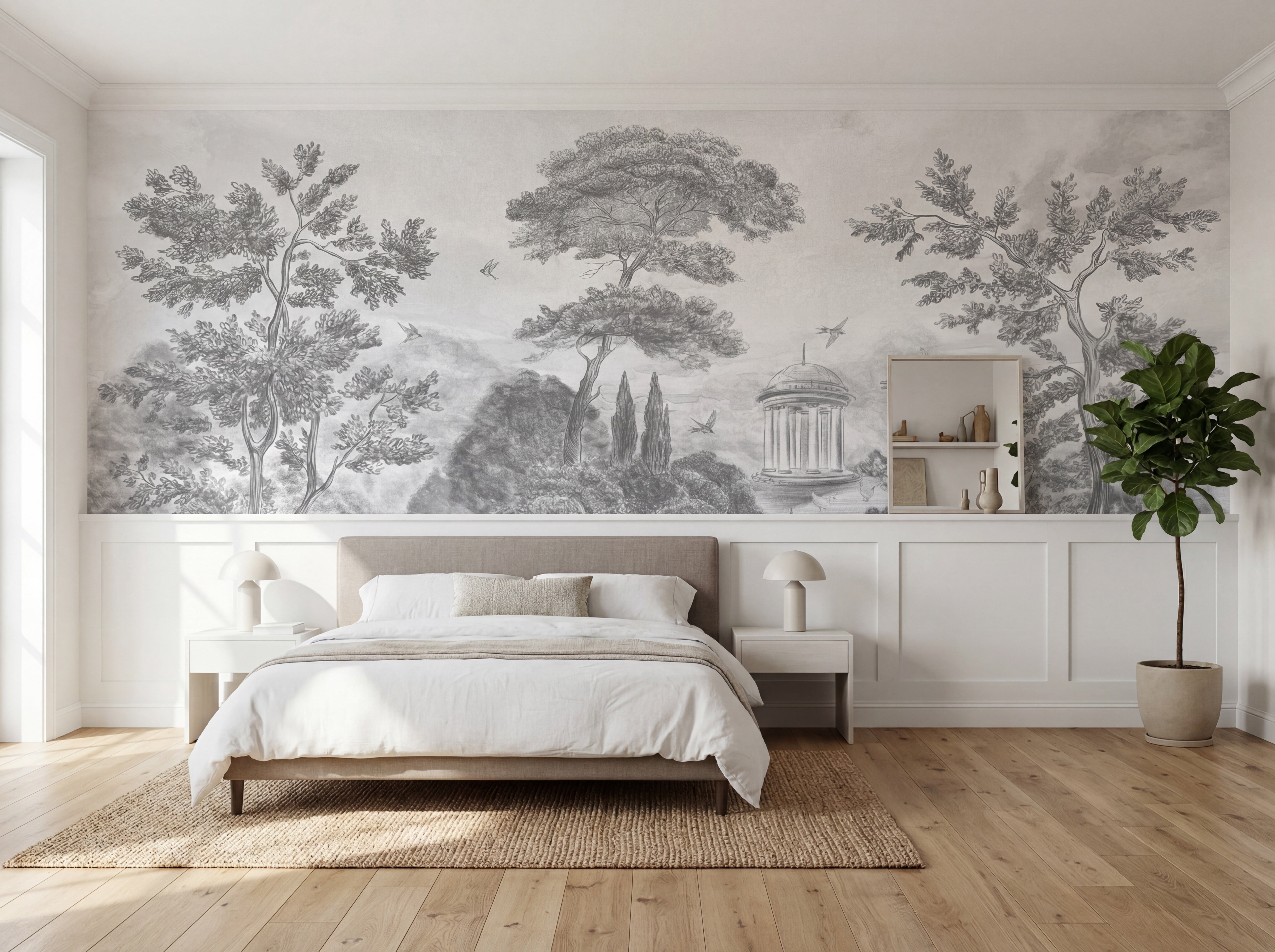 Papier peint panoramique Villa Borghese Rome – Gravure noir et blanc pins italiens - Muralconcept