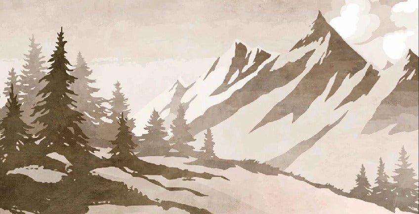 Papel pintado vintage de abetos y montañas en sepia
