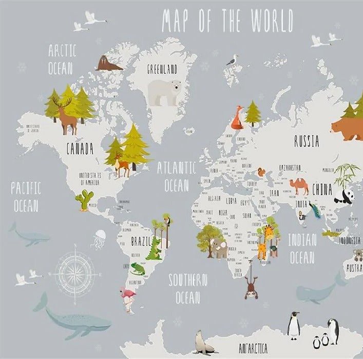 Papier peint chambre enfant map animaux gris clair