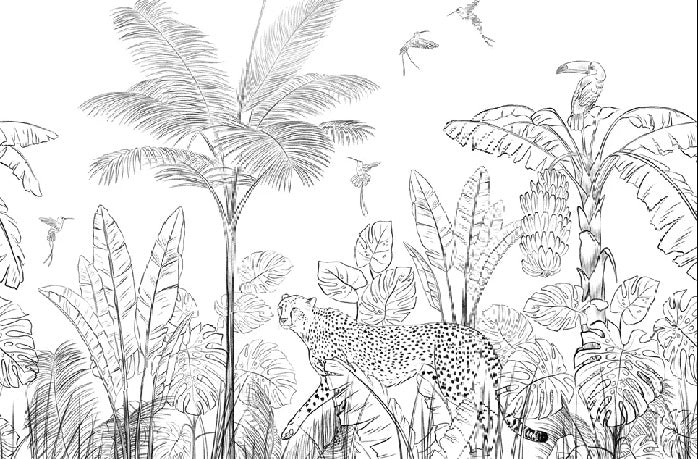 Papel pintado Selva de leopardo en blanco y negro