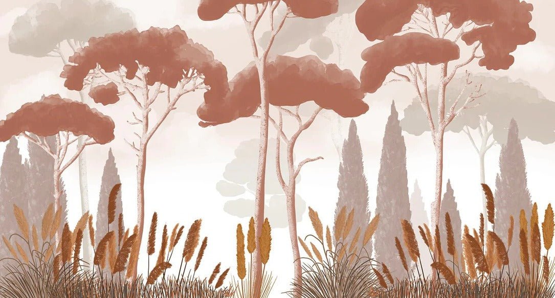 Papier peint cyprès pins et herbes de la pampa terracotta, XXL, tendance