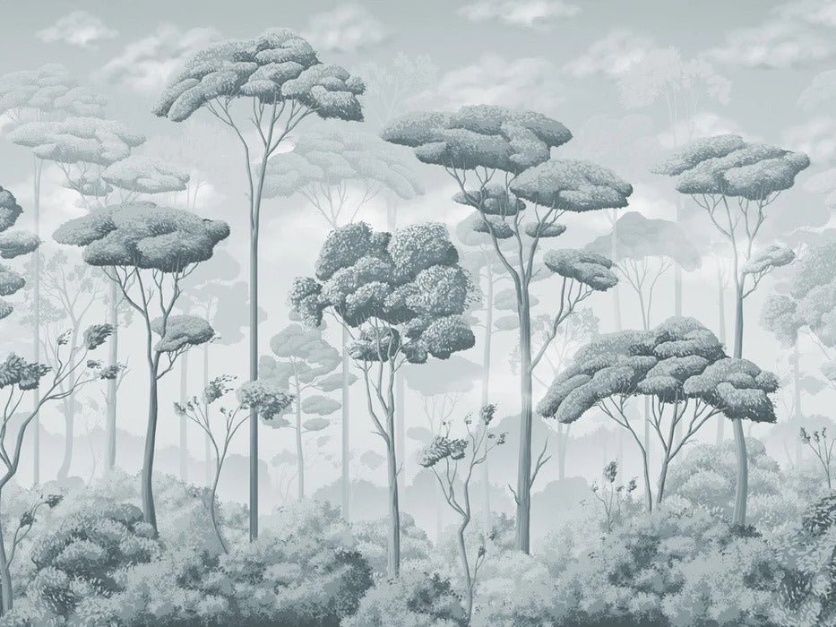 Papel pintado panorámico Bosque de pinos voluptuoso azul plateado