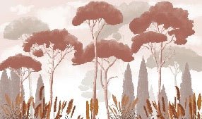 Papel pintado terracota de ciprés, pino y hierba de la pampa