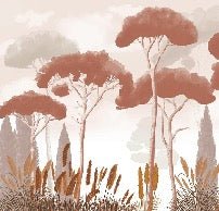 Papel pintado terracota de ciprés, pino y hierba de la pampa