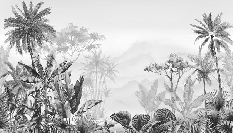 Papel pintado tropical en blanco y negro