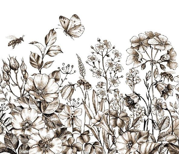 Papel pintado rústico de flores en sepia
