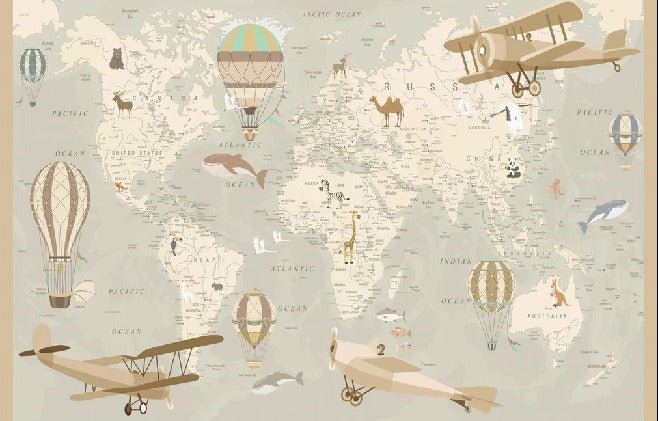 Papel pintado infantil mapa del mundo aviador