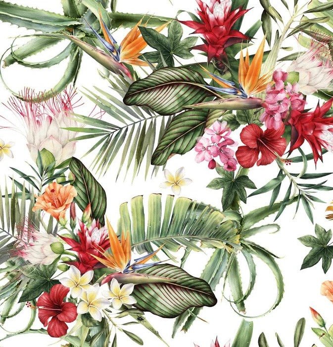 Papel pintado de baño tropical y flores de colores