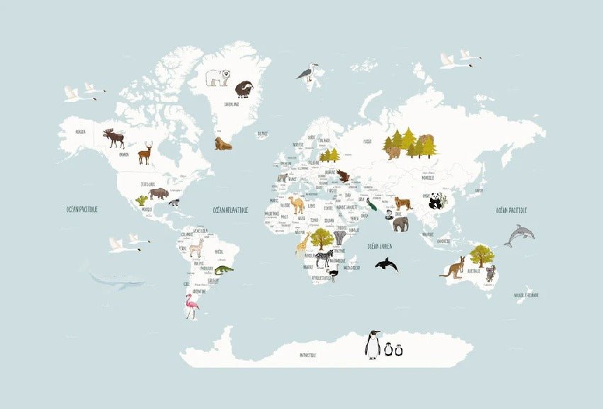Mapa infantil del mundo en papel pintado azul hielo francés