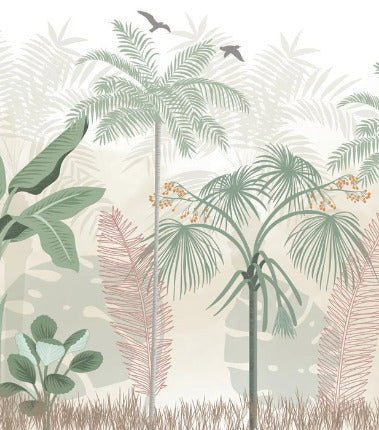 Papel pintado selva panorámica en tonos pastel
