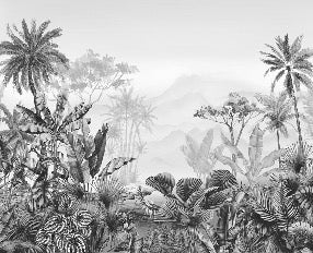 Papel pintado tropical en blanco y negro para cuartos de baño