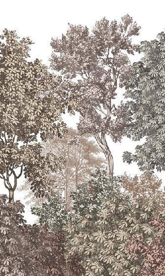 Papier peint paysage forêt gravure rosé