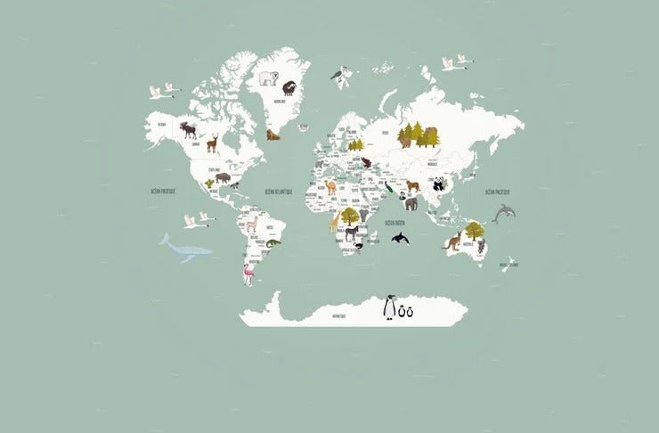 Papel pintado infantil mapamundi francés verde