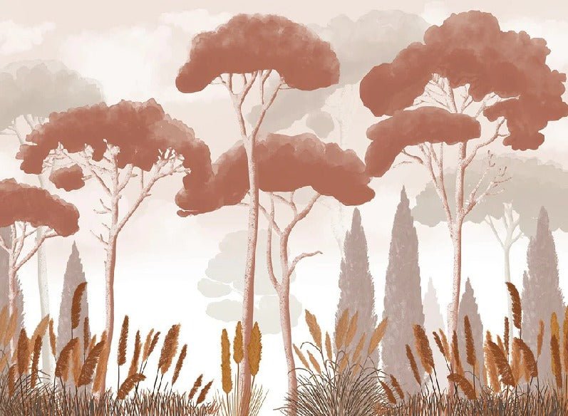 Papel pintado terracota de ciprés, pino y hierba de la pampa
