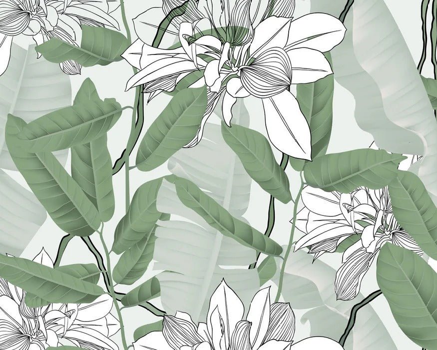 Papel pintado Follaje natural verde NB flor