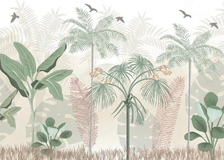 Papel pintado selva panorámica en tonos pastel