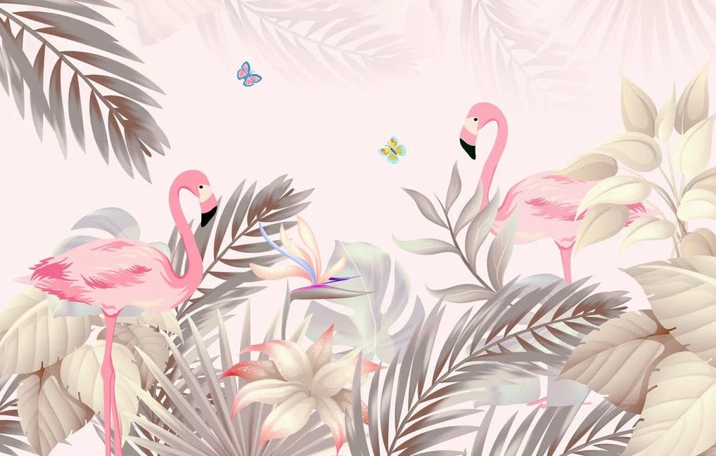 Papel pintado de Palmera y flamenco rosa