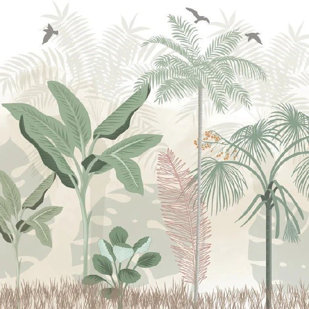Papel pintado selva panorámica en tonos pastel