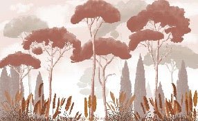 Papel pintado terracota de ciprés, pino y hierba de la pampa