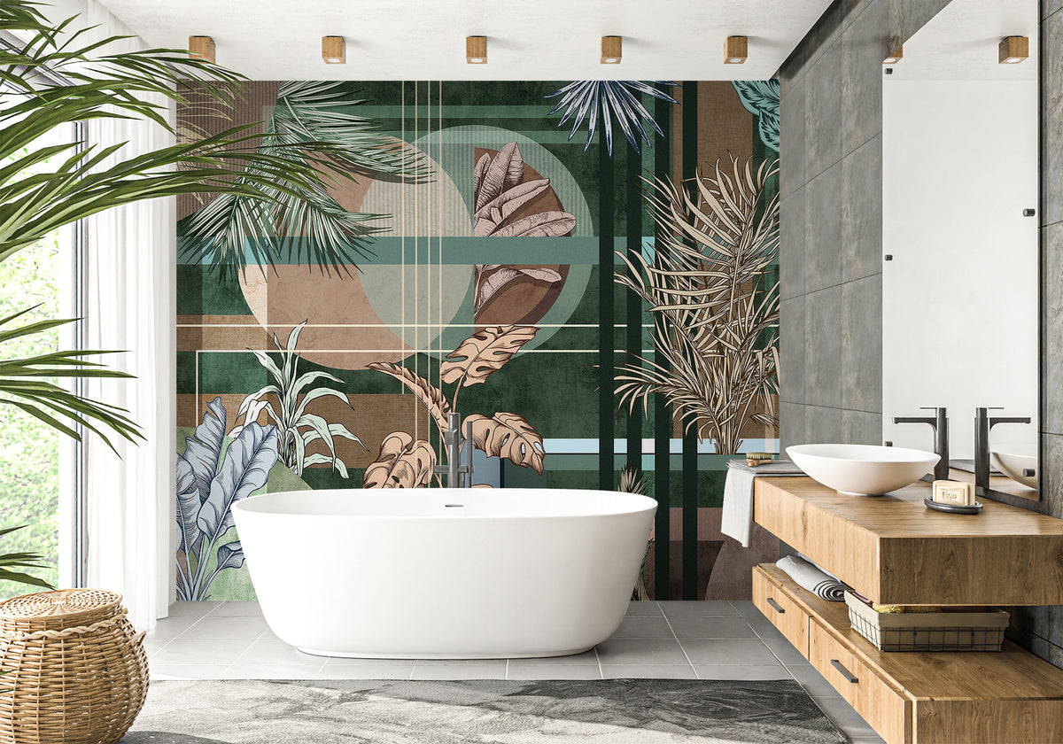 Papel pintado para baño con palmeras geométricas