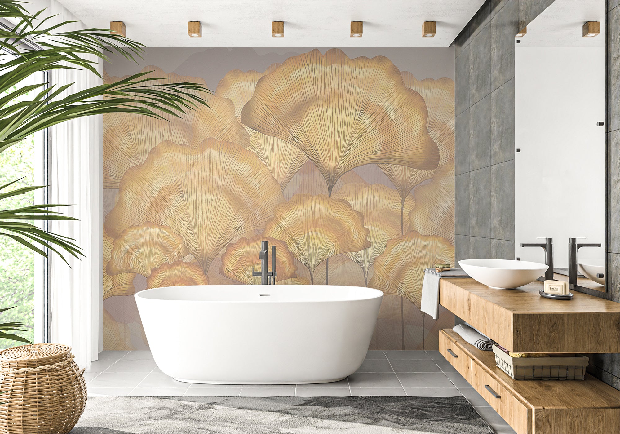 Papier peint salle de bain contemporain ginkgo ocre, XXL, tendance