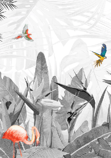 Papel pintado blanco y negro con aves del paraíso