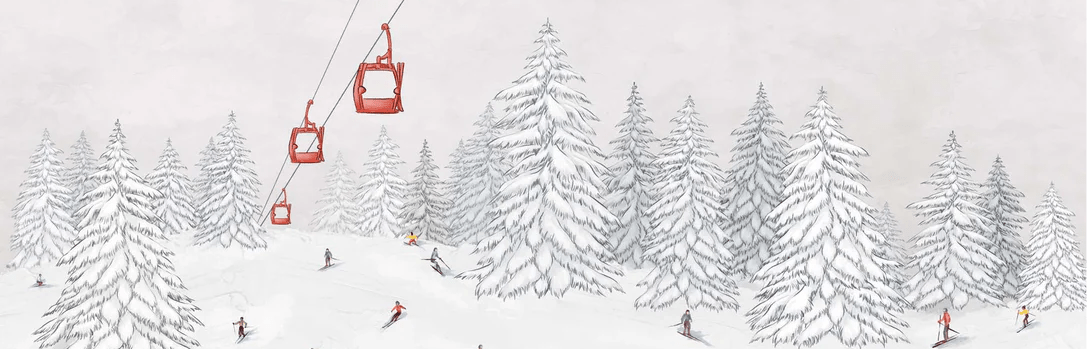 Papier peint télécabine skieurs colorés - Muralconcept