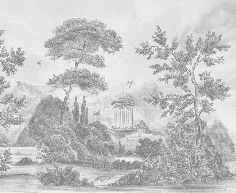 Papel pintado panorámico «Villa Borghese, Roma» – Grabado en blanco y negro de pinos italianos - Muralconcept