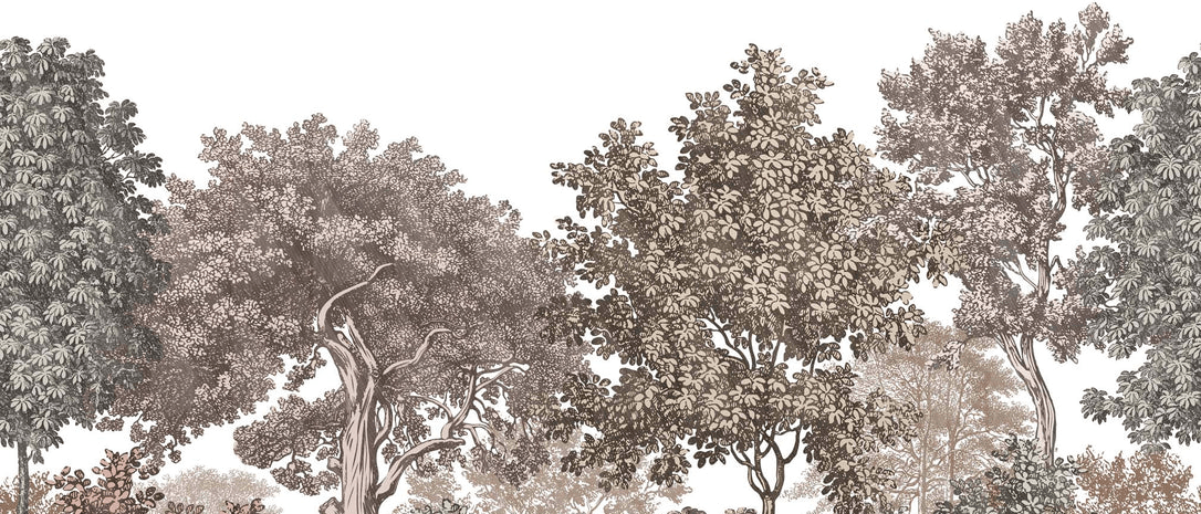 Papier peint paysage forêt gravure rosé - Muralconcept