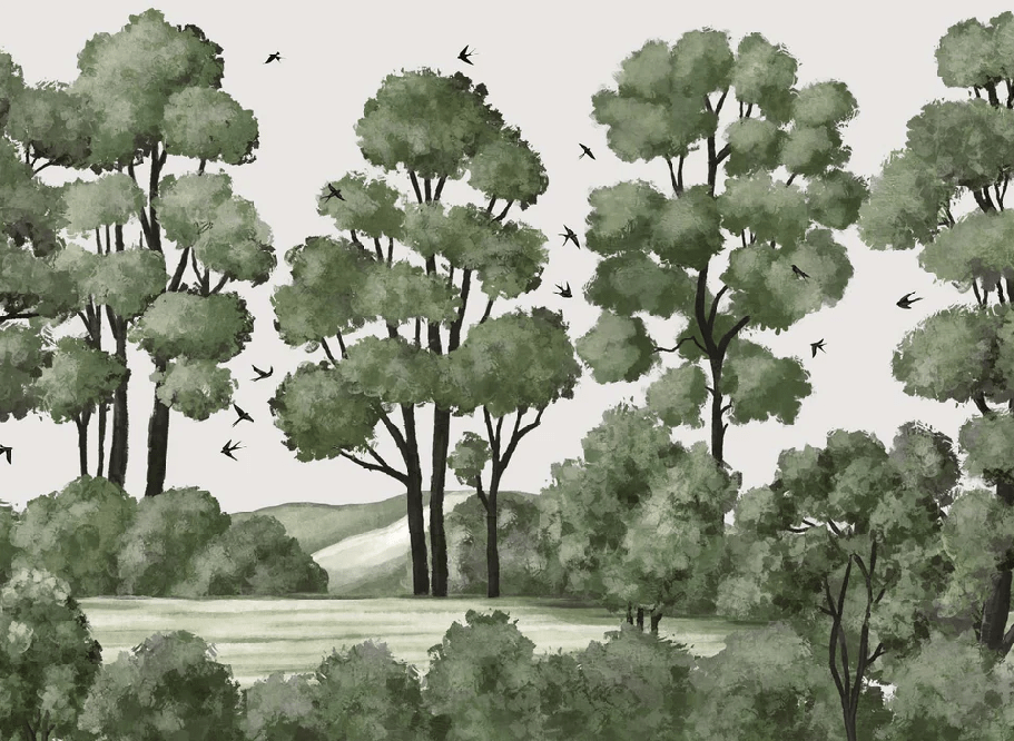 Papel pintado paisaje río bosque verde