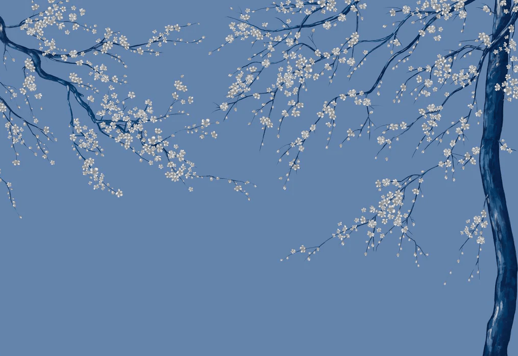 Papel pintado panorámico de flores azules de Sakura