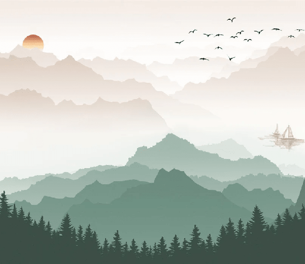 Papier peint montagne dans brume terracotta - Muralconcept