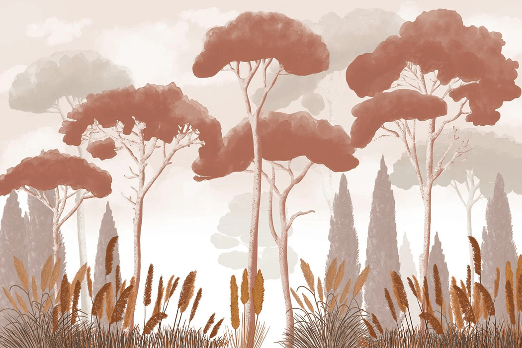 Papier peint cyprès pins et herbes de la pampa terracotta - Muralconcept