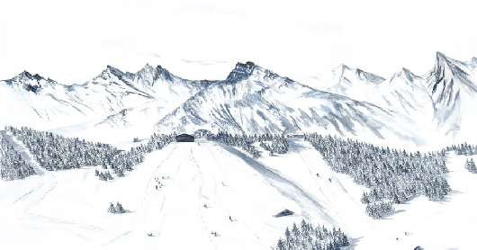 Papier peint montagne Megève – Fresque artistique peinte à la main - Muralconcept