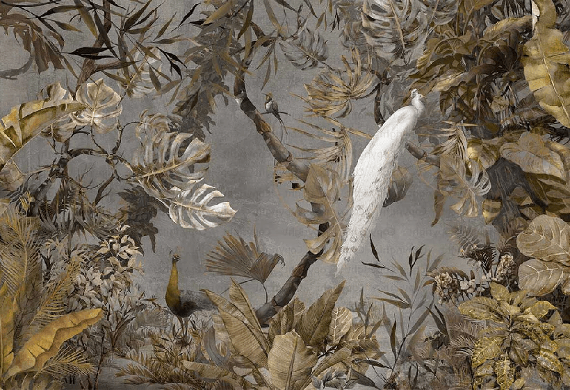 Papel pintado panorámico pavo real blanco imperial