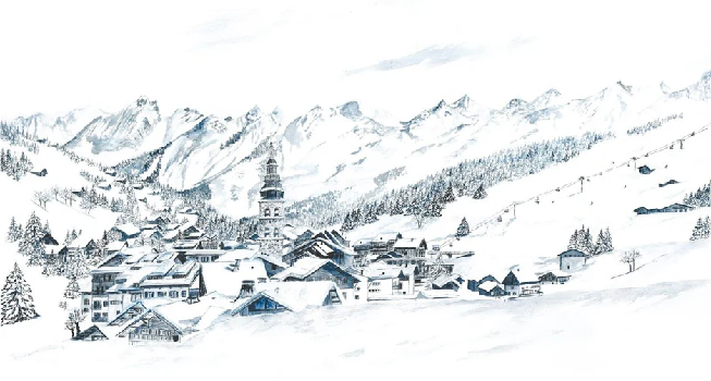 Papier peint panoramique La Clusaz en peinture