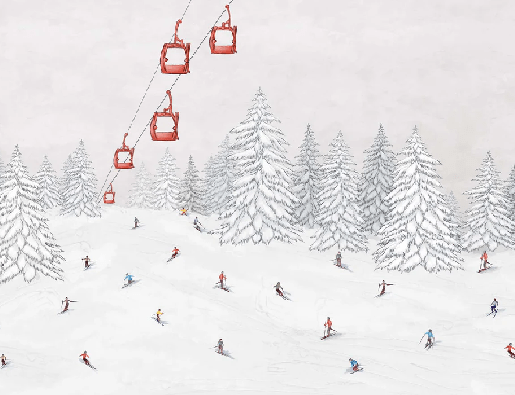 Papier peint télécabine skieurs colorés - Muralconcept