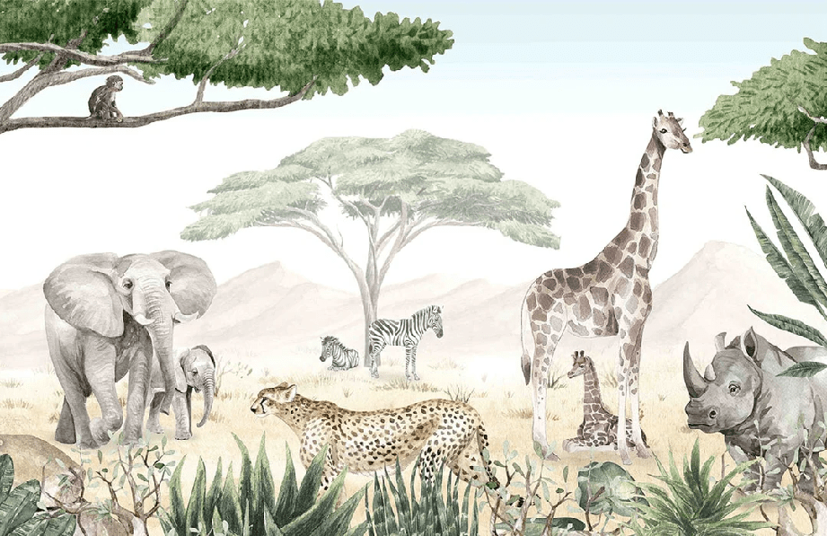 Papier peint enfant savane en peinture - Muralconcept