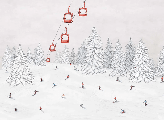 Papier peint télécabine skieurs colorés - Muralconcept