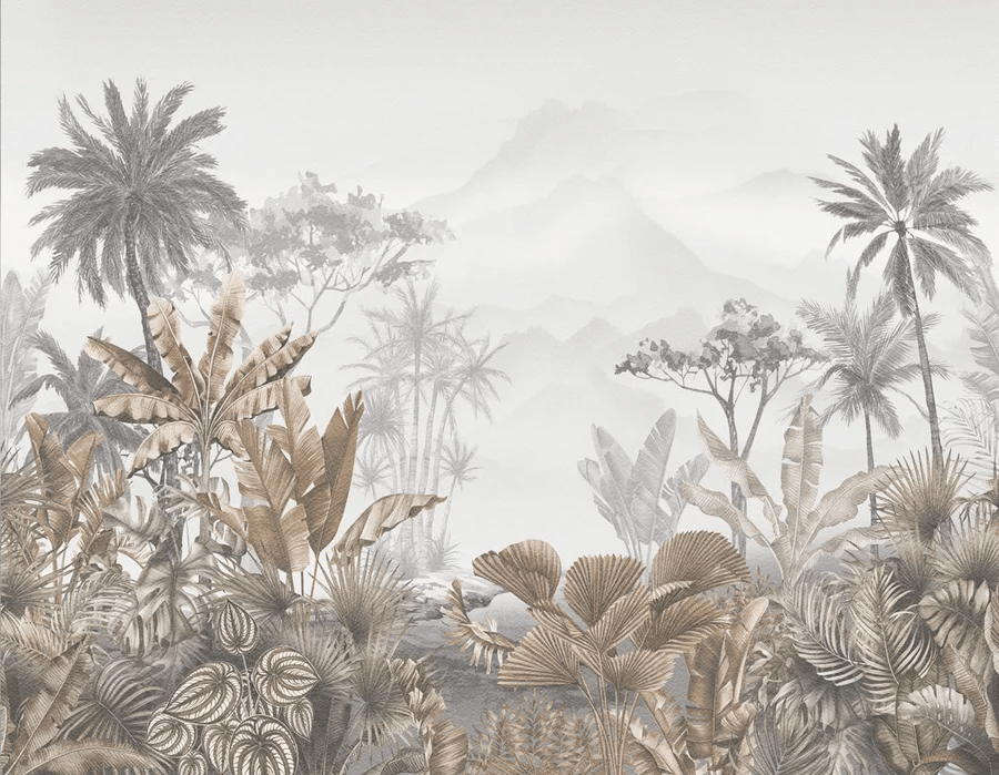 Papel pintado tropical sepia para el baño