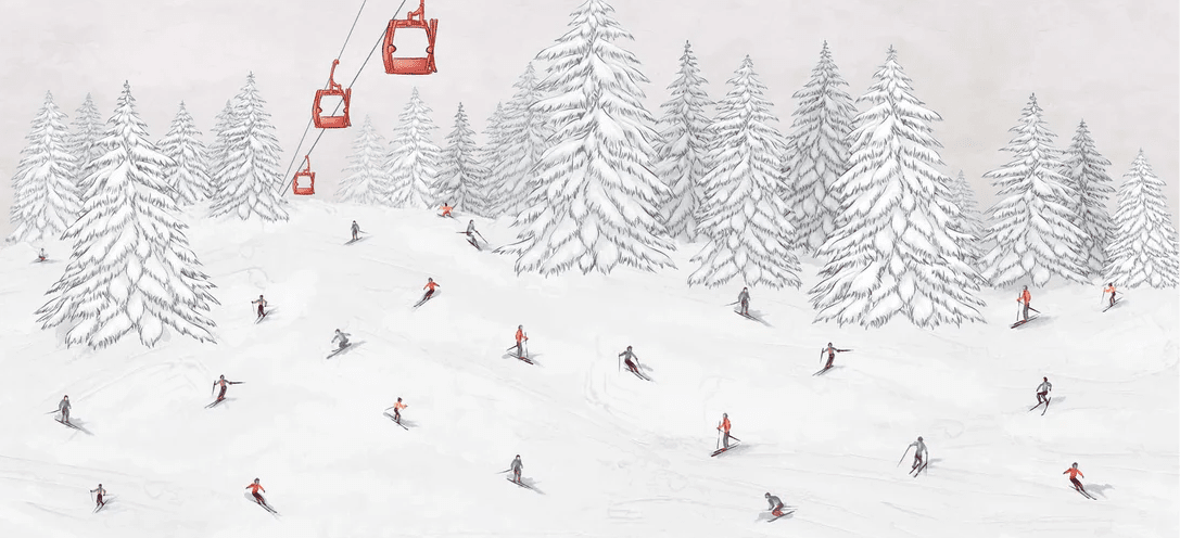 Papier peint télécabine skieurs colorés - Muralconcept