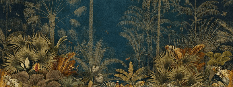 Papier peint jungle gravure bleu - Muralconcept